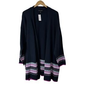 Lane‎ Bryant Long Line Cardigan Sweater Womens 26/28 Blue Multicolor Trim Duster